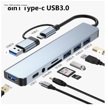 USB Hub, Dual Purpose Hub With USB And Type C Interfaces, 8-Port USB C Hub, With USB 3.0, USB 2.0, Micro SD/TF Card Reader, Microphone/Audio, And Other Interfaces, Suitable For USB C Hubs On Laptops, Compatible With Macbook Pro, IMac, IPad Pro, And Other 