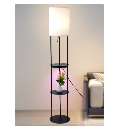 Modern LED Floor Lamp 62-Inch, 3-Color Dimming (3000K-4000K-6000K), Black Iron & Fabric Lamp with E27 Bulb, Pull Chain Switch, Dual USB Charging Ports for Bedroom & Living Room
