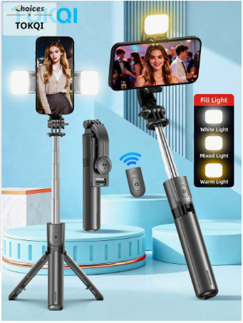 TOKQI Selfie Stick Tripod, Optional Lighting, Portable Telescopic Selfie Stick Tripod With Wireless Remote And Tripod Stand, Lightweight And Compact, Compatible With Multiple Devices
