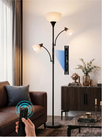 3 Head LED Floor Lamp with Remote, APP & Touch Control, Dimmable Torchiere Standing Lamp with 2 Adjustable Reading Lights, Stepless Brightness & Color Temperature, Black