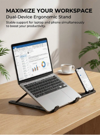 1pc 2-In-1 Foldable Laptop Stand (With Phone Holder), Adjustable Ergonomic Dual-Device Computer Stand With Cooling Holes, Portable Laptop Riser, 3 Colors Available