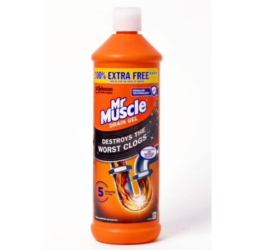 Mr. Muscle Drain Gel 1000ml – Powerful Drain Clog Remover for Kitchen Sinks, Bathroom Drains, Wash Basins and Pipes, Dissolves Hair, Grease and Blockages Fast, 100% Extra Free 1Liters