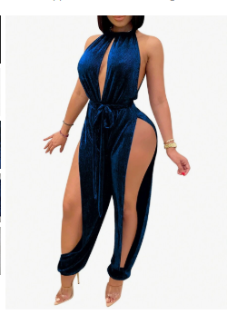PORRCEY Sexy Jumpsuits For Women Halter Sleeveless Party Outfits Hight Split Velvet Pants Hollowing