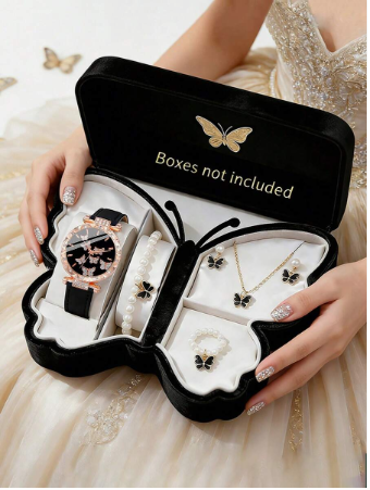 6pcs Women's Fashion Casual Elegant Butterfly Dial Quartz Watches, Matched With Pearl Butterfly Bracelet Necklace Ring Earring Jewelry Set, Suitable For Women's Birthday/Holiday Gifts, Party, Vacation, Graduation, Celebration, Gathering, Mother's Day/Vale