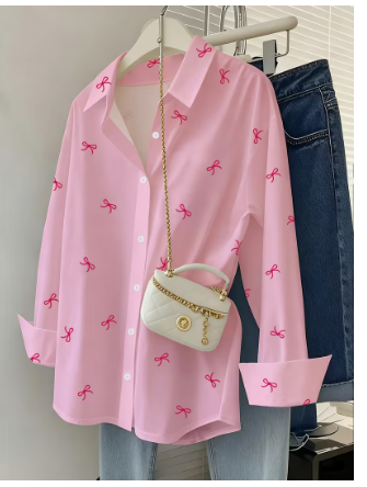 A Women's Long-sleeve Lapel Shirt with a Bow Digital Print