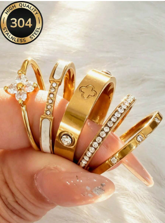 5pcs 18k Gold Plated Women's Elegant Sparkling Stainless Steel Ring Set, Can Be Worn Individually Or Stacked, Wedding/Engagement Rings, Anniversary, Mother's Day, Valentine's Day Elegant Jewelry Gift