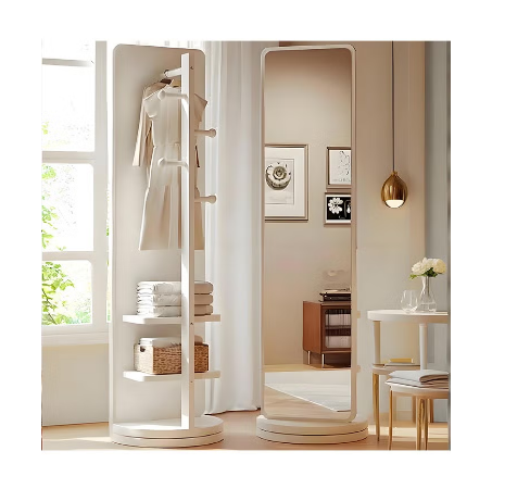 MOZOGOT 170x40CM Full Length Mirror with Stand Coat Rack Solid Wood Floor Mirror, Coat Rack with Mirror Swivel Mirror for Bedroom, Living Room, Cloakroom (White)