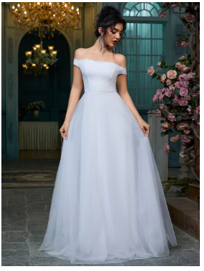 Women'S Off-The-Shoulder Lace Patchwork Slight Wedding Dress