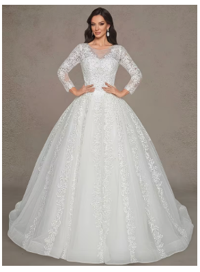 Long-sleeve Lace Backless Wedding Dress with Train, Waist-cinching Design, White Mesh Bridal Gown