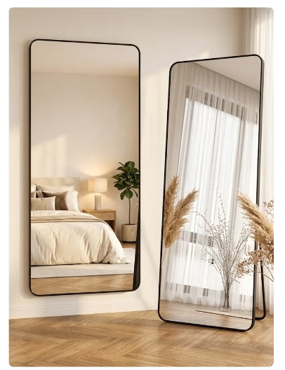 Full Length Mirror – Wall Mount & Freestanding Floor Standing | Full Body Dressing Mirror with Black Metal Frame | Bedroom, Living Room & Hallway | Modern Minimalist Design 45x155CM