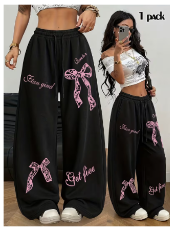 Sweet and Cool Bow Print with Letter Pattern, Women's Casual Y Straight-Leg Pants