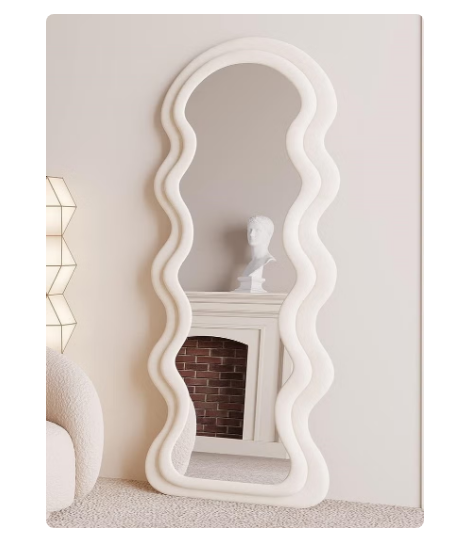 Full-Length Mirror 60x160 cm, Wavy Arched Floor Mirror, Wall Leaning Large Mirror, Flannel Wrapped Wooden Frame - White, Elegant Bedroom Mirror, Dressing Room Mirror, Modern Home Decor, Stylish Vanity Mirror, Full-Length Wall Mirror, Leaning Mirror for Li