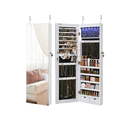 SONGMICS Frameless Mirrored Jewellery Cabinet Armoire, 6 LEDs Jewellery Organiser Wall Hanging or Door MounteSONGMICS Frameless Mirrored Jewellery Cabinet Armoire, 6 LEDs Jewellery Organiser Wall Hanging or Door Mounted, Large Capacity with 2 Drawers, Whi