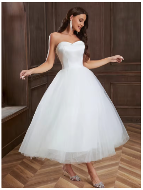 Strapless Wedding Dress, Satin Mesh Dress, Short Wedding Dress