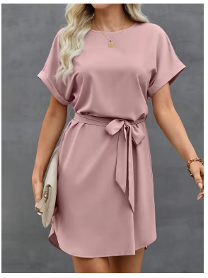 Elegant -Line Batwing Sleeve Maxi Dress - Solid Color Round Neck Belted Waist Dress
