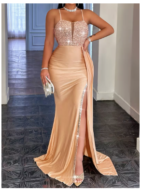 New Fashion Sequin Women's Elegant and Gorgeous Temperament V-Neck Off-Shoulder Open Back High Slit Dress