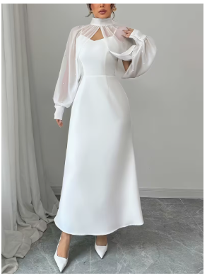 Elegant Exquisite Stylish Women's 2pcs Dress, White Sheer Chiffon High Neck Long Sleeve Cardigan with Beaded Decor