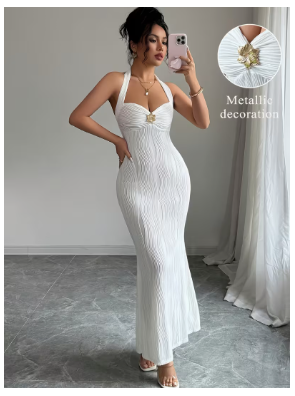 Women's Elegant Mermaid -Length Fish Tail Dress - Long Hanging Neckline Sleeveless Evening Gown, Solid Color -Length Dress 