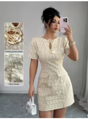 Women's Metal Embellished Openwork Short-Sleeve A-Line Dress - Slim-Fit Round Neck Bodycon Suitable for Banquets