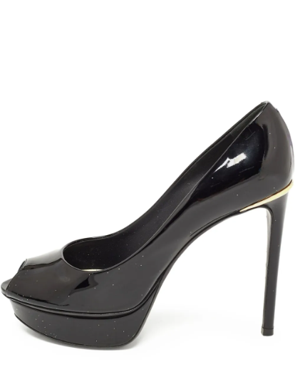 Elegant black patent leather heels featuring a glossy finish, a signature gold-tone logo plaque, refined tonal stitching, a chic peep-toe design, and a striking 130mm stiletto heel for a sophisticated and glamorous look.