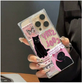 Korean Style Postage Stamp Cat Ice Crystal Square Phone Case For IP17/IP17PROMAX/IPhone16/IPhone16Pro/IPhone16ProMax/IPhone15/12ProMax/13ProMax/14ProMax/13/14/11/12/14 Women's Soft Anti-Drop XS/S/XSMAX/78GES2 Fashion Thick Protective Cover