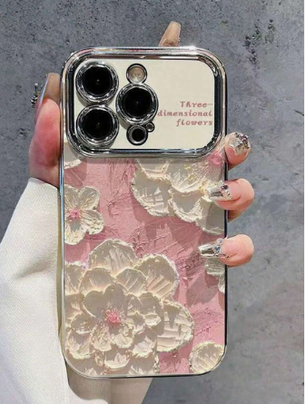 Pink Oil Painting Element Fashion Phone Case 1pc 11 12 13 14 Pro Max 15 16 17 Pro Max Electroplated Silver Big Window Pink Base Crayon Flower Design Spring Birthday Gift
