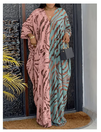 Women'S Zebra Print Contrast V-Neck Long Sleeve Dress