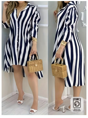 Women's Elegant Long Sleeve Striped Shirt Dress 