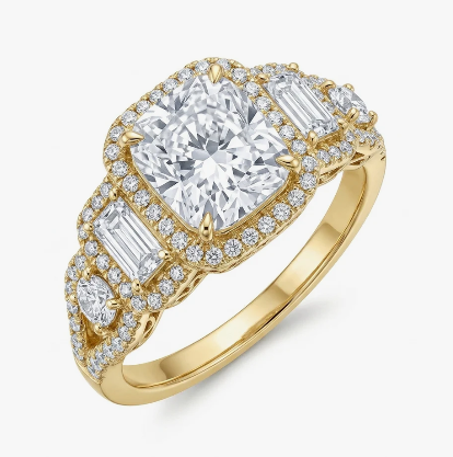 Cushion Cut Side Stone Halo Ring