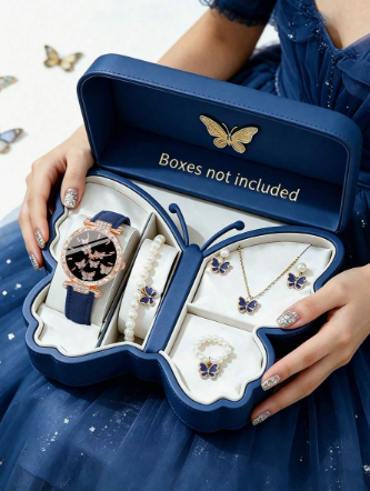6pcs Women's Fashion Elegant Delicate Butterfly Dial Quartz Watches, Matched With Pearl Butterfly Bracelet Necklace Ring Earring Jewelry Set, Suitable For Women's Birthday/Holiday Gifts, Vacation, Party, Graduation Season, Celebration Events, Family Gathe